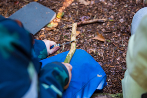 Eine Kinderhand schnitzt einen Zweig